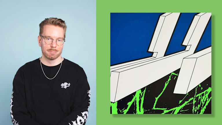 Vasemmalla mies mustassa paidassa katsoo kameraan. Oikealla levynkansi, jossa on sinistä ja vihreää taustaa sekä valkoisia abstrakteja elementtejä.