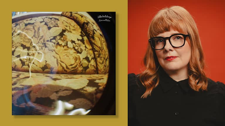 Vasemmalla puolella levynkansi, jossa näkyy kukallista kangasta. Oikealla nainen mustassa paidassa punaista taustaa vasten.