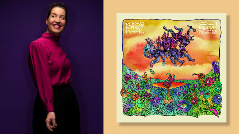 Vasemmalla nainen liilassa puserossa violettia taustaa vasten. Oikealla levynkansi, jossa susimaiset olennot leijuvat värikkäässä maisemassa.