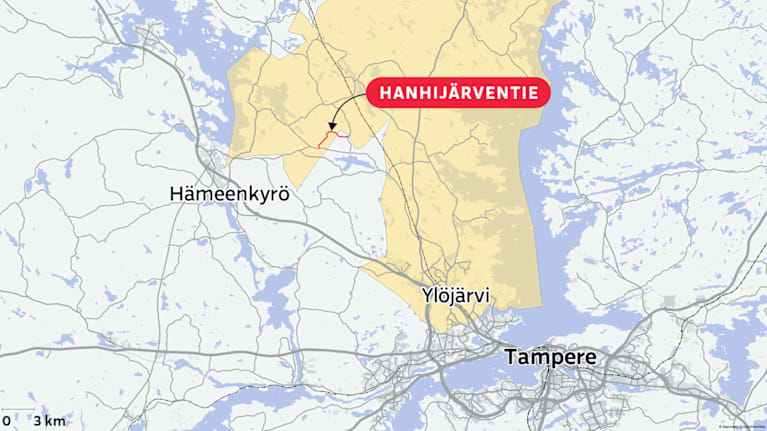 Kartta näyttää Hanhijärventien sijainnin.