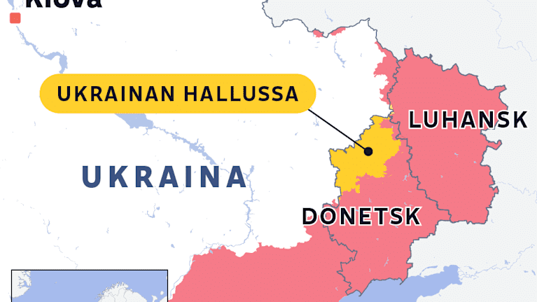 Kartta itäisen Ukrainan Luhanskin ja Donetskin alueista joista Ukraina hallitseen osia.