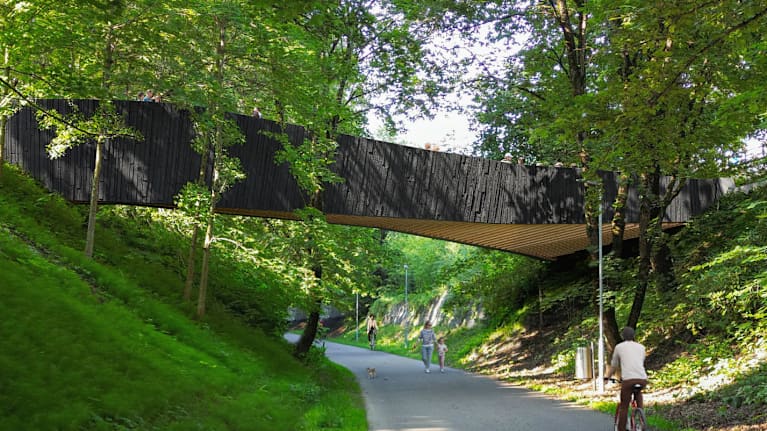 Havainnekuva, jossa tumma silta kulkee kadun yli. Sillan pinta näyttää eläväisen epätasaiselta.