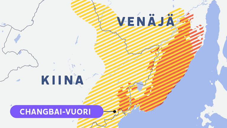 Karttaan merkitty Kiinan, Venäjä ja Pohjois-Korea sekä amurintiikerin levinneisyysalueet.