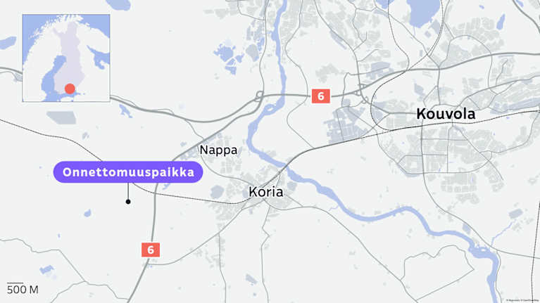 Kartta-alue Kouvolasta, jossa näkyy Koria, Nappa niistä lounaaseen Onnettomuuspaikka. Mukana myös tie numero kuusi.