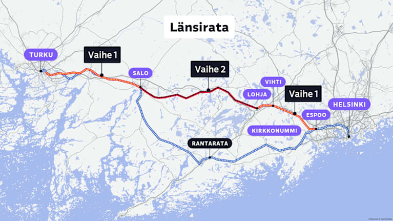 Karttagrafiikka länsiradan reitistä ja sen eri vaiheista.