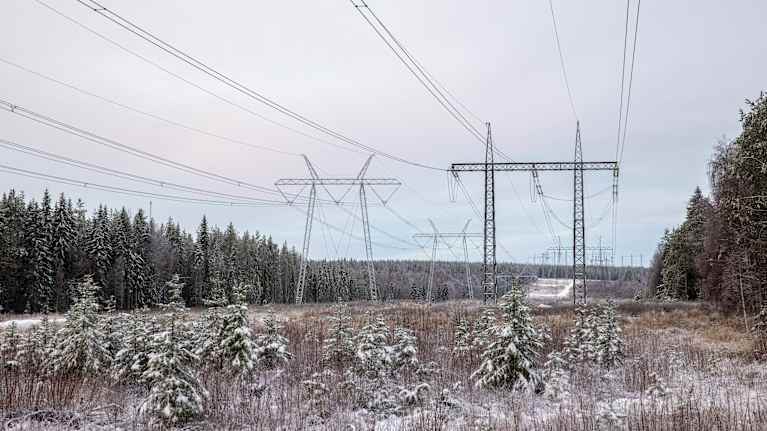 Suurjännitejohtoja ja metallisia sähköpylväitä talvisessa maisemassa.