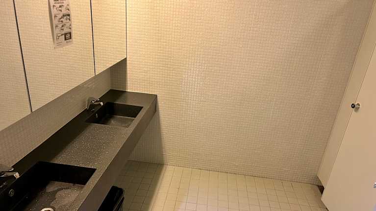 Siisti julkinen wc-tila, jossa on kaksi pesuallasta, peilit ja roskakori. Seinät ja lattia ovat laatoitettuja.