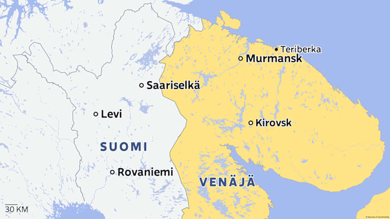 Kartta, joka näyttää Suomen ja Venäjän rajaseudun. Mukana ovat paikat Levi, Rovaniemi, Saariselkä, Murmansk, Kirovsk, Teriberk.
