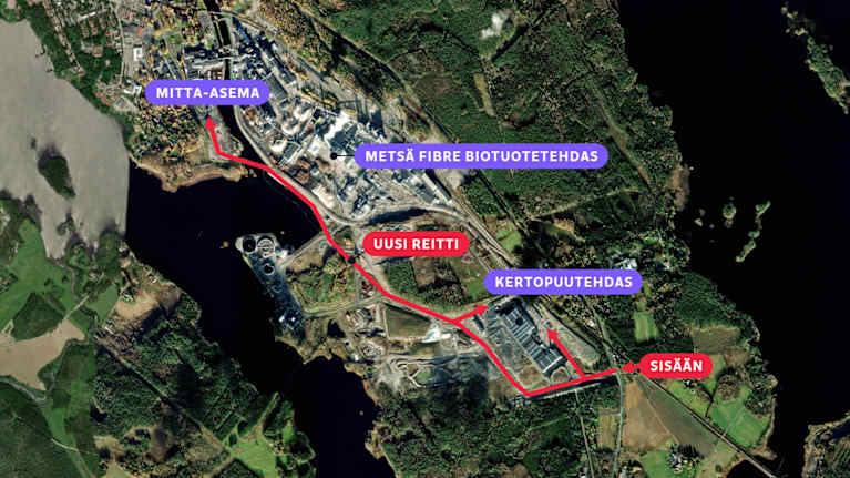 Kartta, jossa on uusi reitti Metsä Fibren Äänekosken biotuotetehtaalle.