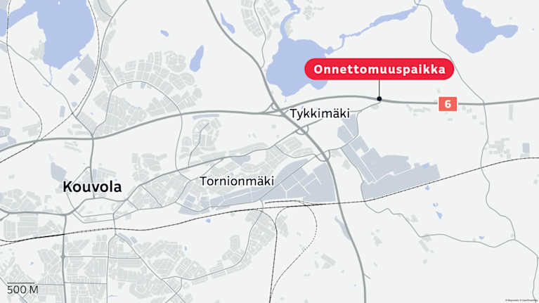 Kartta Kouvolasta, jossa Tykkimäen lähellä Kuutostiellä merkittynä onnettomuuspaikka.