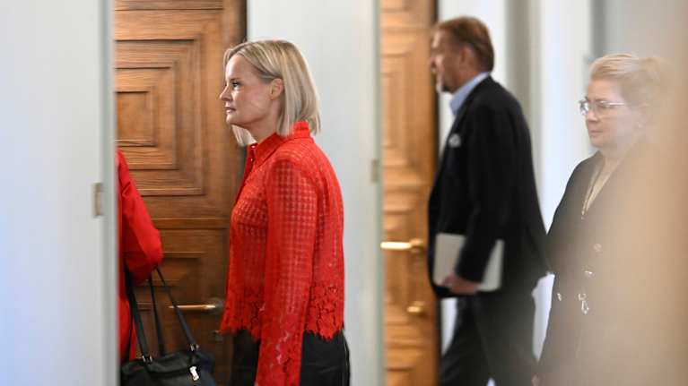 Riikka Purra kuvattuna eduskunnassa sivusta, päällään punainen paita.