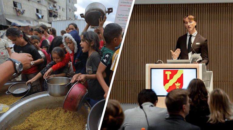 Kuvaan yhdistetty kaksi kuvaa. Ensimmäinen kuva lapsista Gazassa odottamassa ruoka-apua. Toisessa kuvassa Tampereen pormestari Ilmari Nurminen.