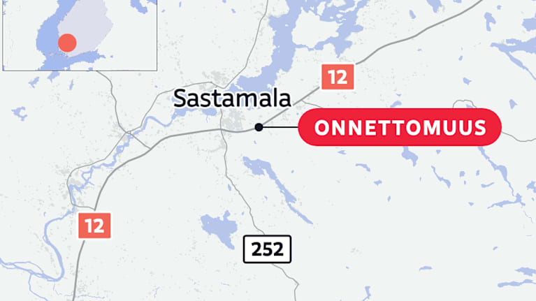Karttakuva, joka näyttää onnettomuuspaikan sijainnin 12-tiellä Sastamalassa.