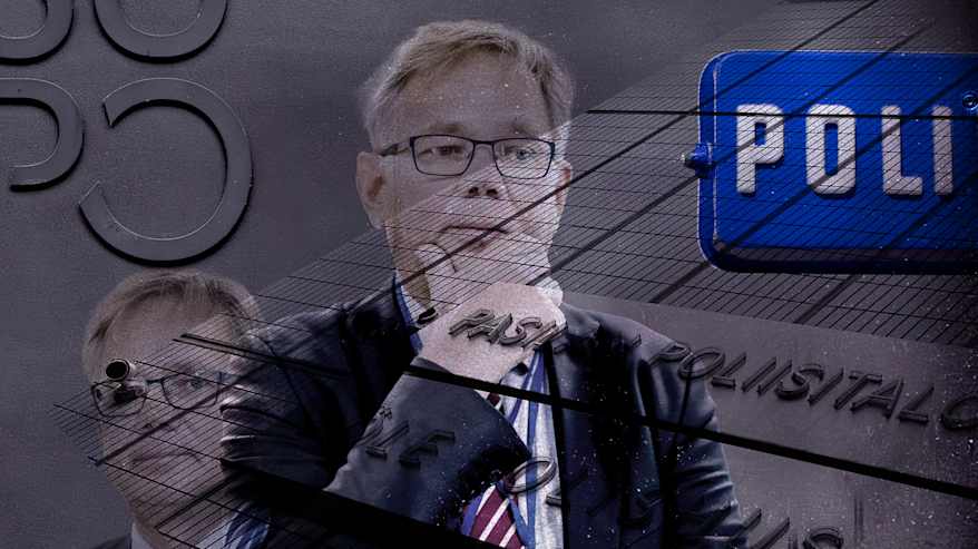 Kuvakollaasissa Tomi Vuori ja yksityiskohtia Supon ovesta sekä Poliisitalon seinästä. 