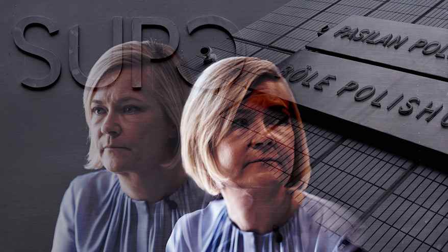 Kollaasikuvassa Mari Rantanen ja Suojelupoliisin ovi sekä Poliisitalon seinää.