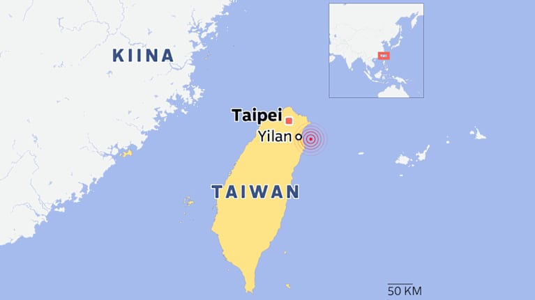 Kartalle merkittynä Taiwanin lähellä merellä tapahtuneen maanjäristyksen sijainti.