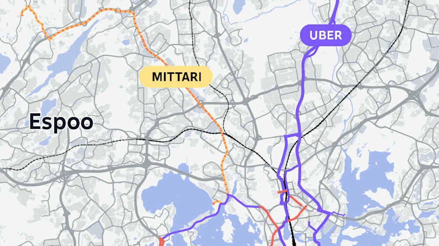 Karttaan on merkitty keltaisella taksimittarilla ajettu matka, punaisella Boltille ajetut matkat ja violetilla Uberilla ajetut matkat.