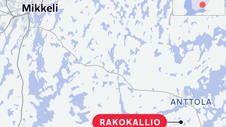 Kartalla on esitetty Mikkelin ja Anttolan alue, jossa korostettuna näkyy Rakokallio.