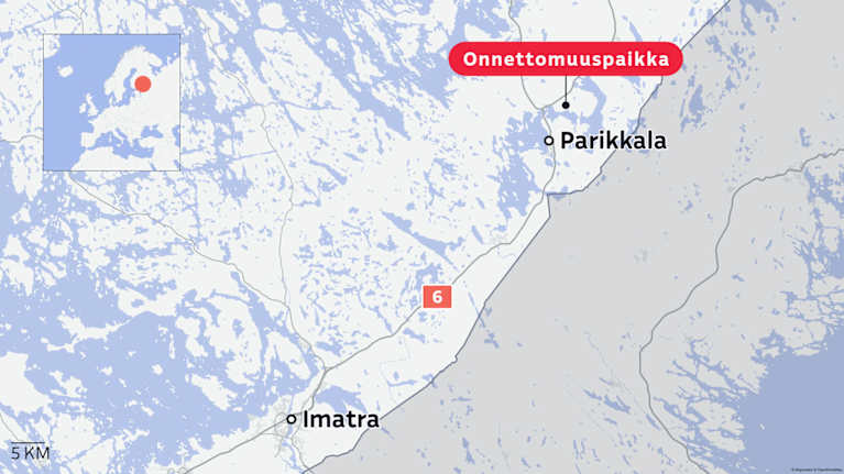 Kartta Imatran ja Parikkalan alueelta, jossa on merkitty onnettomuuspaikka Parikkalan kirkonkylän pohjoispuolelle.