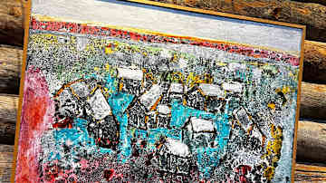 Värikkäässä maalauksessa useita pieniä taloja.