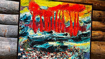 Värikäs maalaus hirsiseinällä.