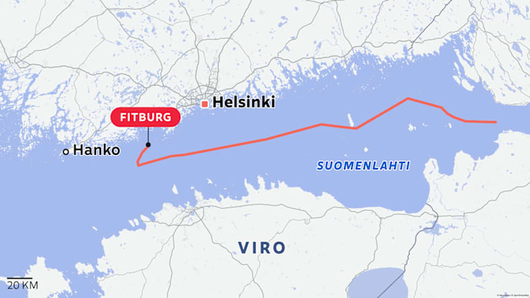 Fitburg-aluksen reitti. Päätepisteessä on sijainti 31. joulukuuta kello 13.22.