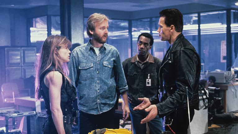 Arnold Schwarzenegger Terminator 2 -kuvauspaikalla.