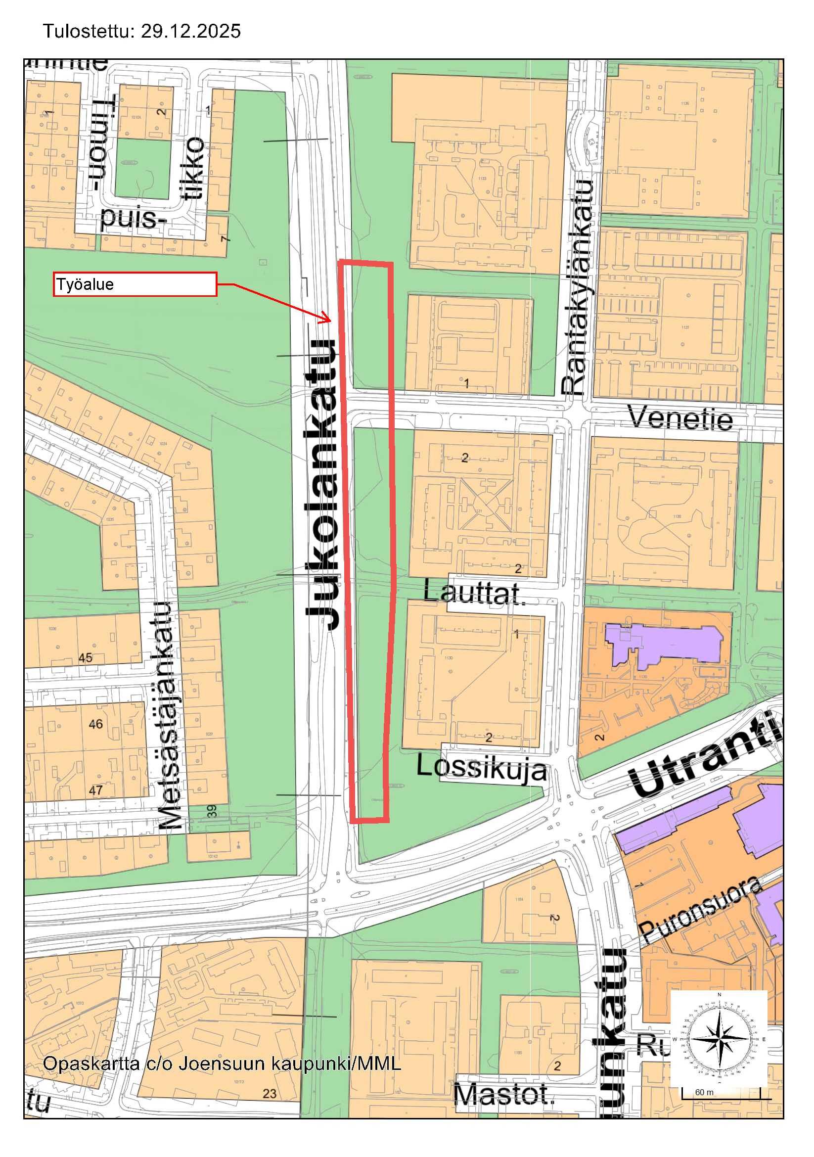 Työmaa-aluetta on hahmotettu kartassa kehyksellä.