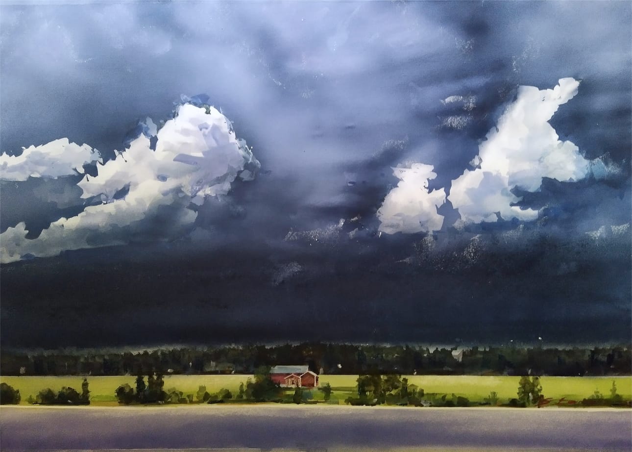 Viktor Denisov: Pilvet karkaavat, 2025, akvarelli, akryyli, pastelli.