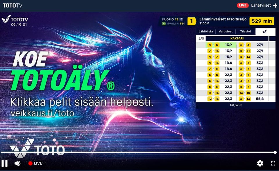 Veikkauksen TotoTV:n striimauspalvelu uudistuu - lähetyksen kelaaminen onnistuu 16.12. alkaen