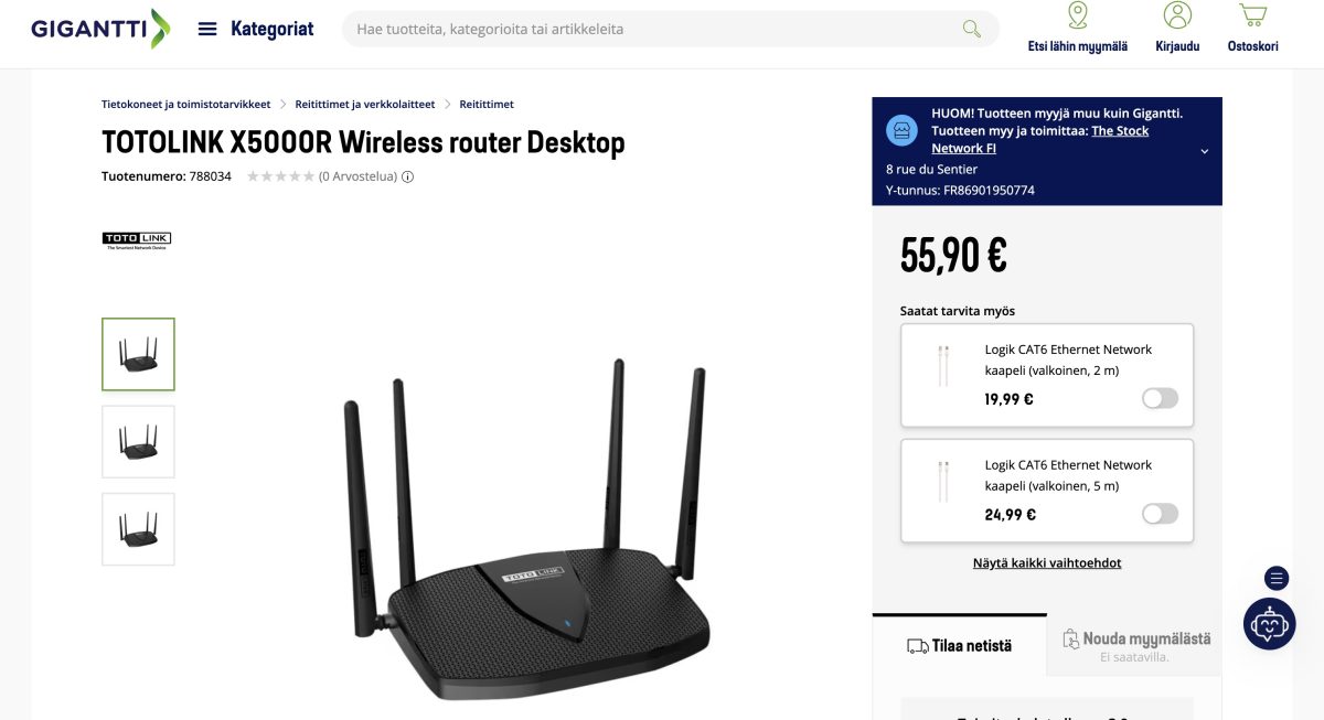 TOTOLINK X5000R -reititin myynnissä Gigantin markkinapaikalla ulkopuolisen myyjän toimesta.