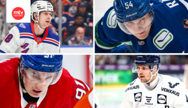 Urho Vaakanainen (vas. ylh.), Aatu Räty, Oliver Kapanen (vas. alh.) ja Mikko Lehtonen ovat Leijonien potentiaalisia olympiapelaajia. MTV Urheilun valinnoissa heistä mukaan pääsivät Räty, Kapanen ja Lehtonen.