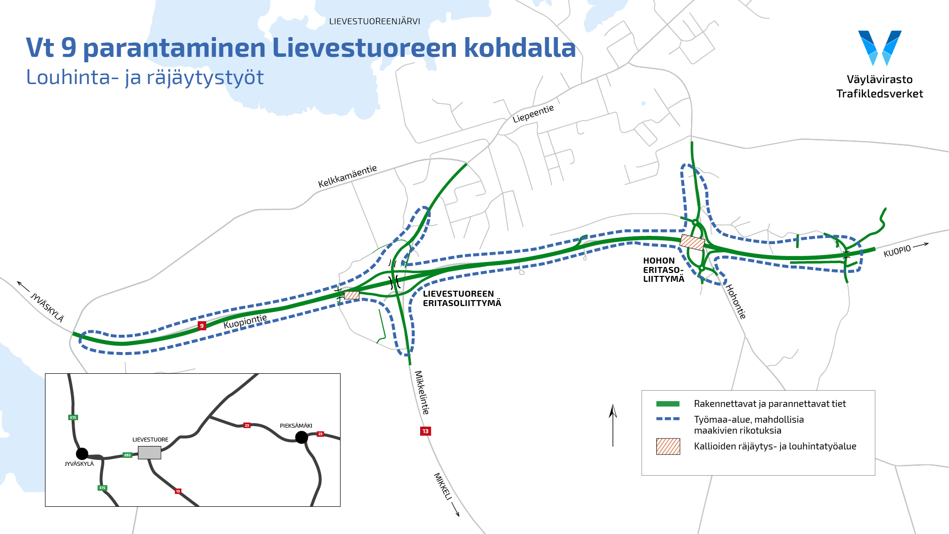 Valtatien 9 parannustyömaalla Lievestuoreen kohdalla tehdään räjäytystöitä tulevien eritasoliittymien alueella.