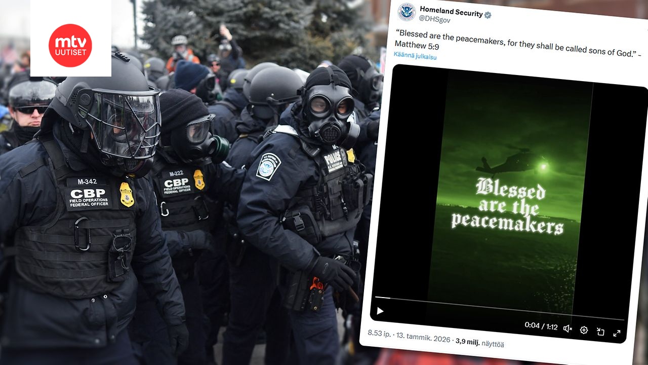 Yhdysvaltain tulli- ja rajavalvontaviranomaiset kohtasivat ICE:ä vastustavia mielenosoittajia Minneapolisissa 15. tammikuuta. Päällä kuvakaappaus Yhdysvaltain sisäisen turvallisuuden ministeriön some-päivityksestä.