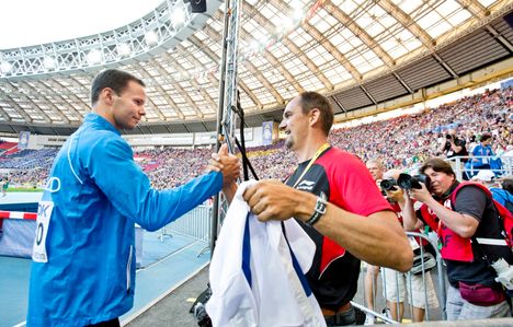 Hannu Kangas muistetaan muun muassa Tero Pitkämäen henkilökohtaisena valmentajana. Kuva yleisurheilun MM-kisoista Moskovasta 2013.