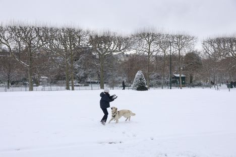 Lumileikkejä pariisilaisessa puistossa.