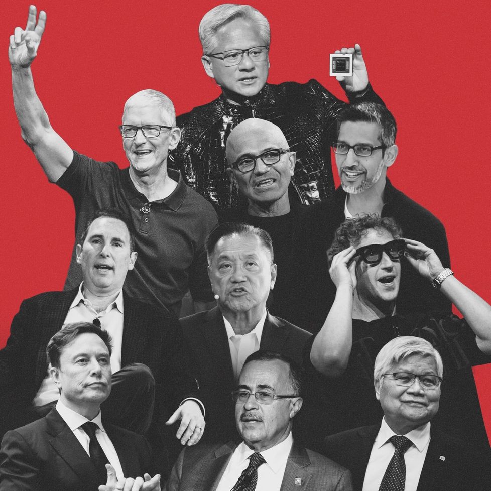 Pomot järjestyksessä: Ylimpänä Nvidian Jensen Huang. Toiseksi ylin rivi: Applen Tim Cook, Microsoftin Satya Nadella ja Alphabetin Sundar Pichai. Kolmas rivi: Amazonin Andy Jassy, Broadcomin Hock E. Tan ja Metan Mark Zuckerberg. Alimpana Teslan Elon Musk, Saudi Aramcon Amin Nasser ja TSMC:n C.C. Wei.