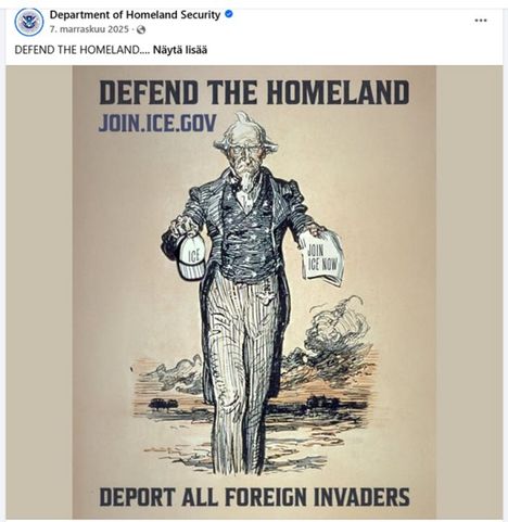 Karkottakaa kaikki vieraat maahantunkeutujat, kehottaa Setä Samuli DHS:n julisteessa.