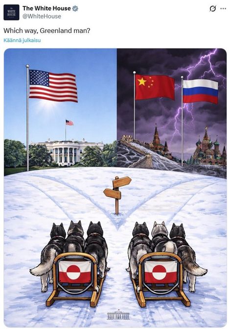 Mihin suuntaan, Grönlanti? Kuva Valkoisen talon X-tililtä.