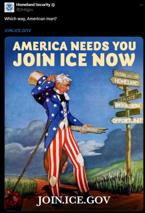 Elokuussa 2025 julkaistussa julisteessa on Yhdysvaltoja symboloiva Setä Samuli -hahmo.