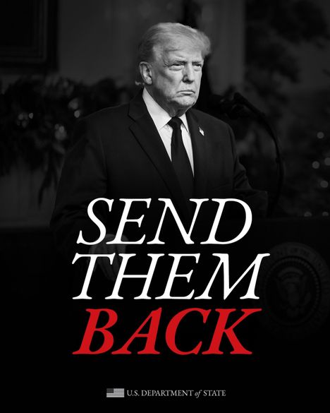 Ulkoministeriö julkaisi kuvan presidentti Donald Trumpista, joka kehottaa ”lähettämään heidät takaisin”.