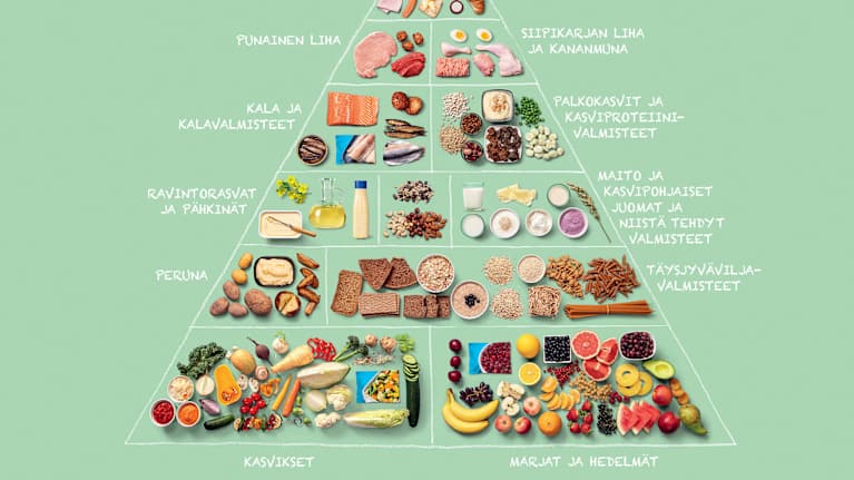 Kuvassa on ruokapyramidi, joka kuvaa eri elintarvikeryhmien suositeltavaa suhteellista määrää ruokavaliossa.