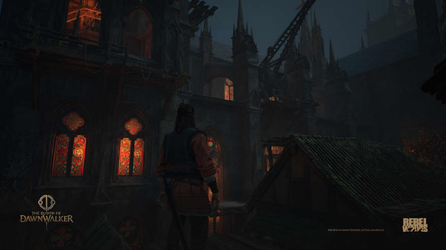 Mustahiuksinen videopelihahmo selin kameraan. Taustalla keskiaikaisia kivirakennuksia.