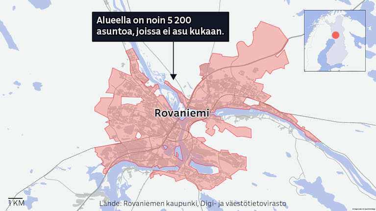 Kartalle merkittynä alue Rovaniemen keskusta-alueella, jos on noin 5200 asuntoa, joissa ei asu kukaan.