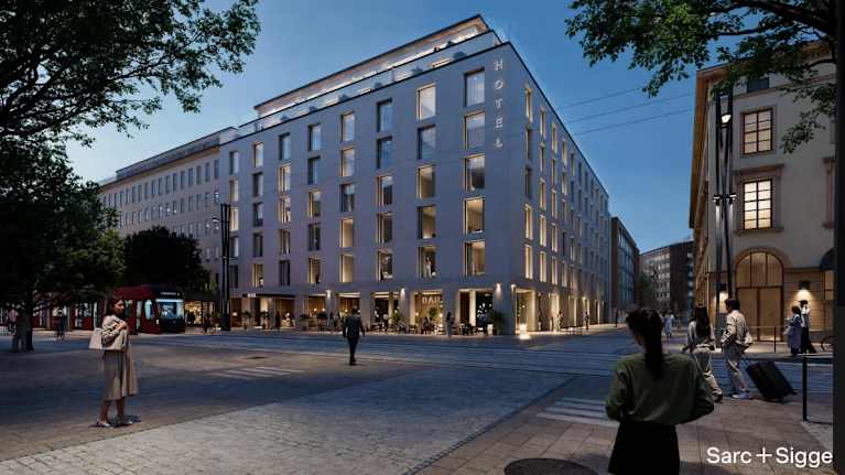 Havainnekuva suunnitellusta hotellista Tampereen Hämeenkatu 11:een.