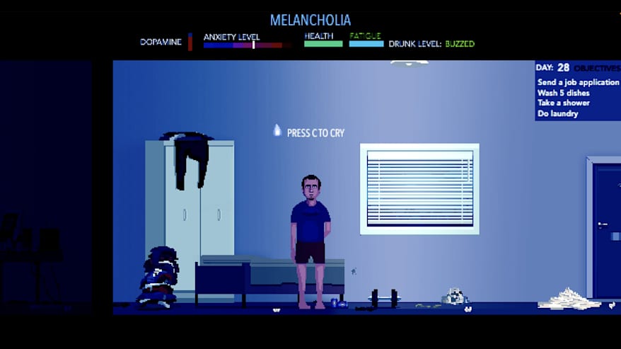 Videopelissä mies seisoo huoneessa, ruudulla lukee "press c to cry".