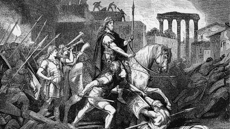 Goottipäällikkö Alarik johtamassa Rooman ryöstöä 400-luvulla. 1800-luvun piirroskuva.