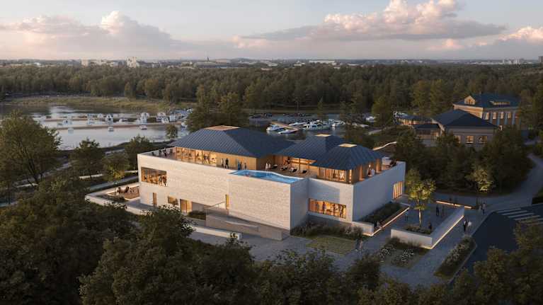 Havainnekuva 1970-luvun valkotiilisestä, laatikkomaisesta museorakennuksesta, jonka tasakatolle on rakennettu puinen saunarakennus.