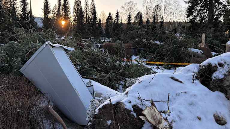 Sähkökeskus tuhoutui puun kaatuessa sen päälle Simpsiön hautausmaalla.