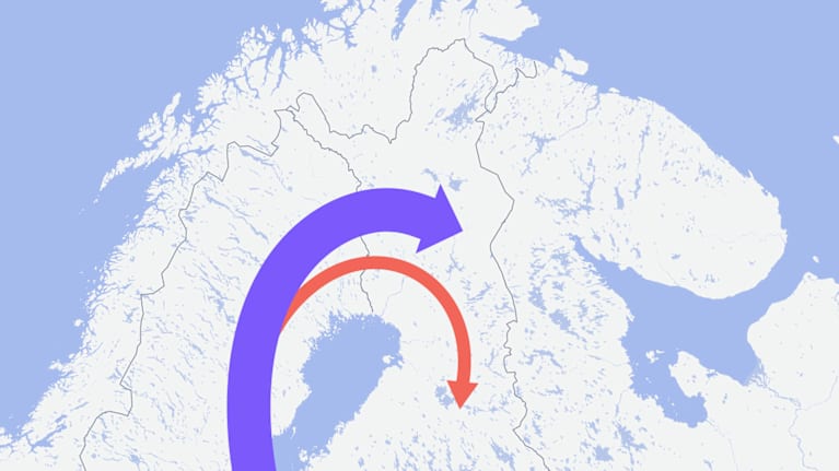 Karttakuvan päällä on kaksi nuolta, pienempi punainen ja isompi violetti nuoli. Punainen nuoli on kääntynyt ympäri.